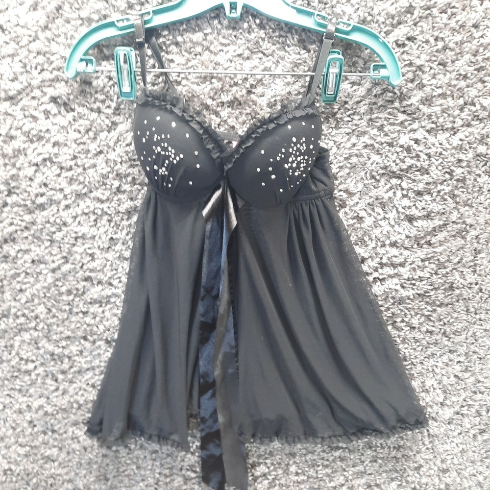 Sexy Sleep Gown Shirt Women Small Black Front Close Bling Flowy Intimiate‎